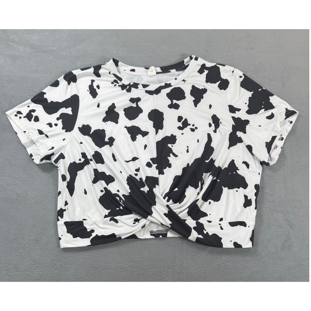 Womens XXL Cow Print Crop Top Black White Twist Front Short Sleeve T Shirt